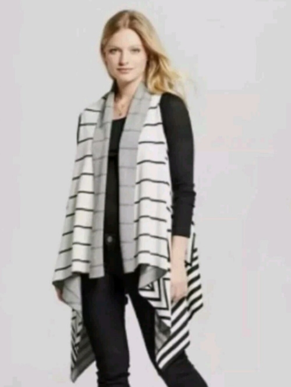 Merona Black & White Striped Draped Cardigan Sweater Vest Size Medium